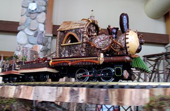 The plastic shell on this Large Scale electric 0-4-0 locomotive has been replaced by a 'shell' made of all natural materials.  Click for a bigger photo.