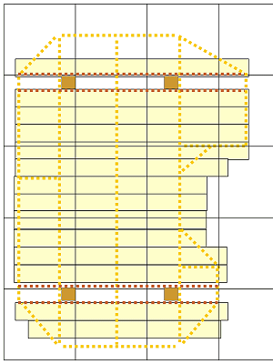I used CorelDraw to approximate the placement of the decking boards to get some idea of how much lumber I would need. Click for bigger drawing.