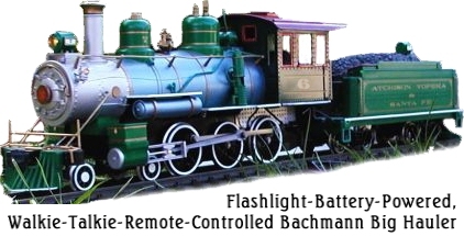 Bachmann's first Large Scale locomotive used batteries, plastic track, and an AM walkie-talkie frequency remote control. Click for bigger photo.