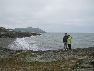 Shelia and Paul at a cove downhill from Greystones.  The big rock in the background is Bray Head, which is discussed later.  Yes I realize that having us in the photo before we get on the plane in the text is out of sequence.  Live with it. Click for bigger photo.