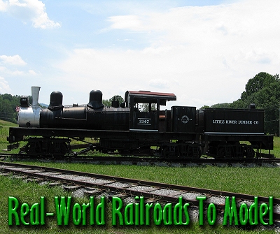 Real World Prototypes to Model. This photograph is of a rare standard-gauge Shay locomotive in Townsend Tennsee. The Little River Railroad has an unusual history, but is almost never modeled. We provide several articles that should give you some ideas.  Click for a bigger photo.