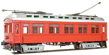 This interurban has been produced in several color schemes with both trolley poles and catenary pickups.  Click for bigger photo.