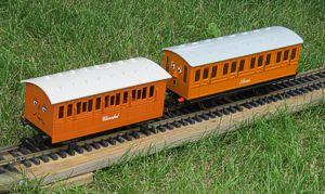 Bachmann and Lionel Thomas and Friends coaches side by side. Click for bigger photo.
