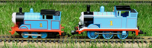 Bachmann and Lionel Thomas engines side by side. Click for bigger photo.