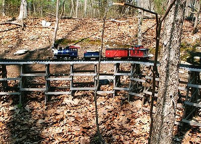 A Scientific Toys/Ez-tec train on a trestle in a forest near Boston.  Click for bigger photo.