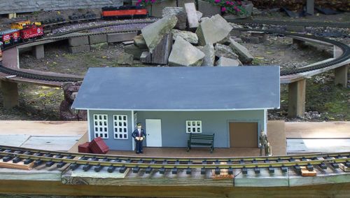 This station is also made with fluted plastic roofing and siding. Click for bigger photo.