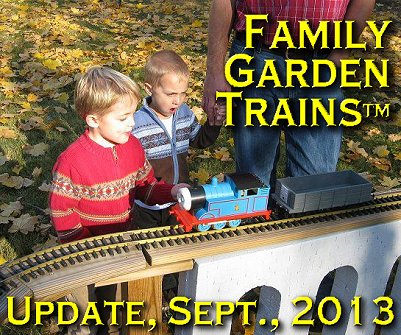 September, 2013 Update from Family Garden Trains<sup><small>TM</small></sup>.  This photo is from our 2010 Christmas Train day open railroad on our own New Boston and Donnels Creek.  Click for a bigger photo. 