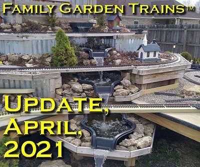April, 2021 Update from Family Garden Trains<sup><small>TM</small></sup>. This photo was taken while I was installing the roadbed for the new mainline on the New Boston and Donnels Creek.  Click to see a bigger photo.
