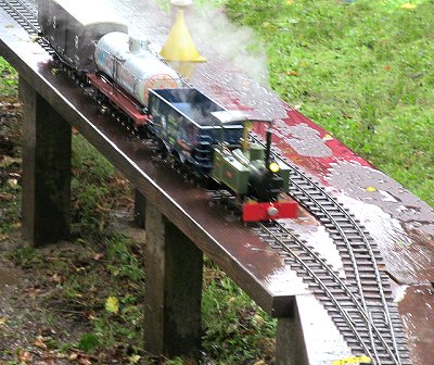Garrett and Katie Rea's live steam railroad is raised on posts for easier access to the little steamers. Click for bigger photo.