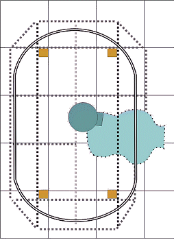 The highest layer of the proposed railroad, redrawn with the track loop resized to compensate for movement of the longer posts.  Click for bigger drawing.