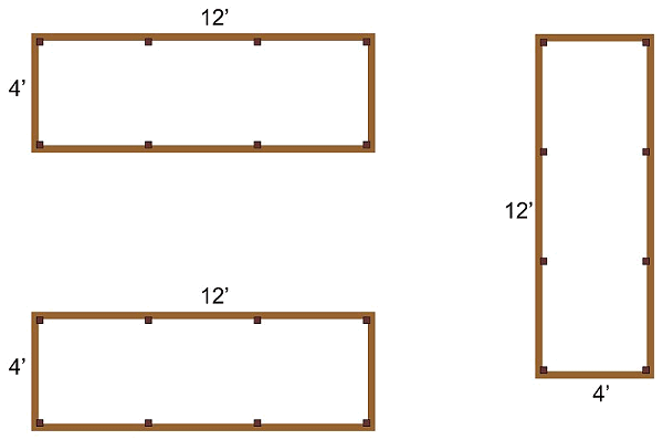 The overall plan of our vegetable garden, showing three 12'x4' beds with just under 6' clearance between them.  Click for bigger picture.