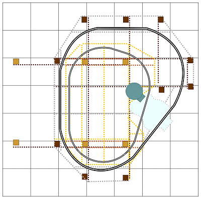 The top and middle layer as of September 26, 2017. The amber lines represent the top layer. The reddish brown lines represent the cross-pieces supporting it.  The brown lines show the joists and supports that are installed so far for the middle layer. The gray lines are the support pieces for the middle layer that have yet to be installed.  I left them out while I was working in the top layer, because I needed the access. Click for bigger drawing.
