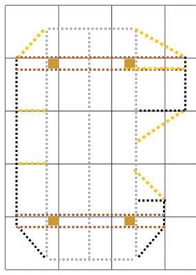 The top layer of my planned three-layer railroad, showing the parts added since the last article in black and the parts remaining at the beginning of this article in amber.