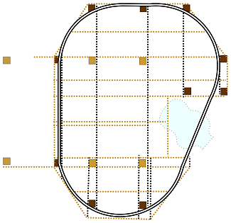 The finalized track plan as it will go over the frame of the second table.  Fortunately, the decking will protrude in those places where it comes to the edge.