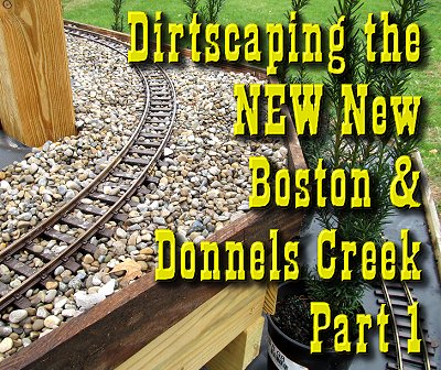 After attaching a rim around the 'tables' that make up the first two layers of the NEW New Boston & Donnels Creek, I poured some gravel to hide and protect the vinyl underlayment and make the track look somewhat 'installed.' Click for bigger photo.