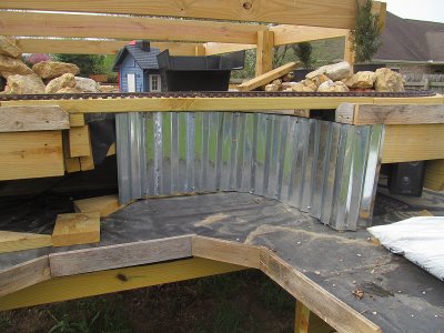 Corrugated steel panels being installed on the NEW New Boston and Donnels Creek garden railway.  Click for bigger photo