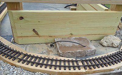 Running wire for eventual hookup to a lighting circuit on a raised garden railroad.  Click for bigger photo.
