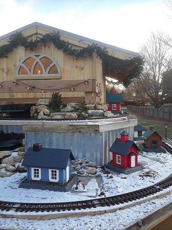 The model structures on the NEW New Boston and Donnels Creek have been taken indoors for the winter.  To keep the railroad from looking 'naked,' we've used North States bird feeders, with gravel to hold them down in our rough winter winds. Click for bigger photo.