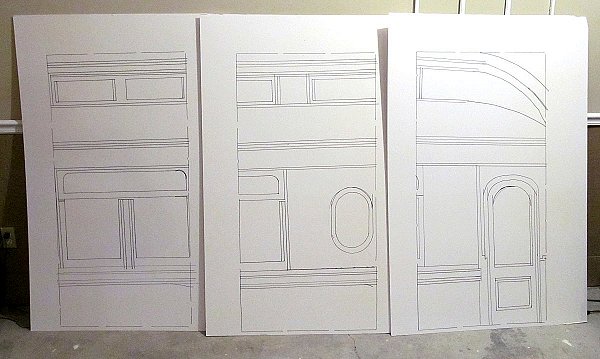 All three foam boards with their portion of the coach drawing outlined and ready to paint. Click for bigger photo.