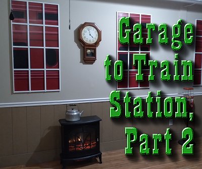 Garage to Train Station, Part Two: Turning one end of my garage from a disaster zone to something that resembles the interior of a late-1800s train station.  Click for bigger photo.