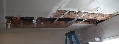 The 64-square-foot hole in the ceiling of the garage, left by a former owner who was checking on rafter damage from a leaky roof. The roof was replaced, but not the drywall. Click if you really need to see a bigger photo.