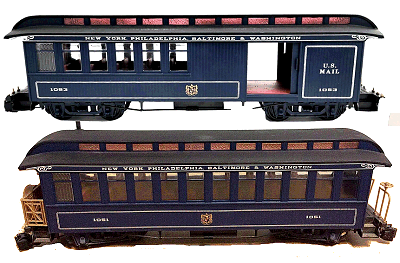 The combine and observation car that came with the Bachmann Royal Blue set.  Click for bigger photo.