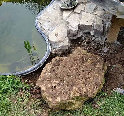 This ~100-pound boulder came out of our yard when we had some regrading done and has been in our way ever since.  I decided to incorporate it into the stonework, flopping it over and using a crowbar and shoves to slide it into place.  Click for bigger photo.