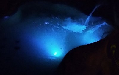 The blue phase of the LED bubblers.  You can see the waterfall coming in from the upper right.  Click for bigger photo.