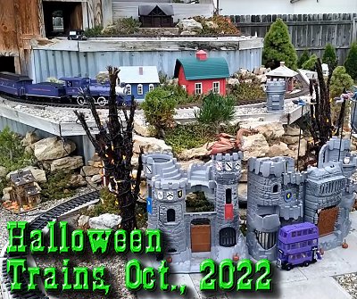 Elements from Harry Potter, as well as a custom ghost train give the east platform of our railroad a Halloween flavor in the fall of 2022. 