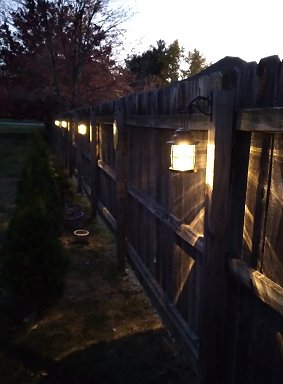 Twilight view of the Goodsmann lamps installed. Click for bigger photo.