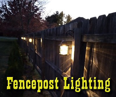 Fencepost lighting - using garden path lighting to brighten a corner of our yard. Click for bigger photo. 