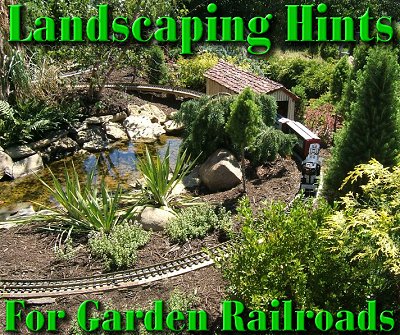 Landscaping Hints for Garden Railroaders. This photo was taken at a Paul Busse-designed public railroad at Holden Arboretum, Kirtland, Ohio, 2007.  Click for bigger photo.