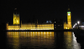 Parliament by Night.  One advantage of having an Oyster card on the bus is that we could get off the bus when we saw a great photo op, then get back onto the next bus.  Click for bigger photo.