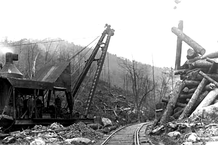 A skidder on the Little River Railroad.  Skidders would use steam power to drag cut logs across the mountains to the train where they would be loaded.  Dangers from the log snagging, then tearing loose like a catapult were immense. Sorry for the small picture, but the museum has removed the larger version of this photo from its web site.