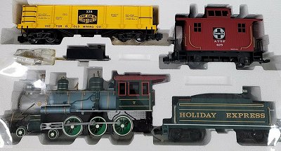 Bachmann's first G-gauge Christmas train, the battery powered 'Holiday Express,' nearly identical to their first battery-powered train. Click for bigger photo.