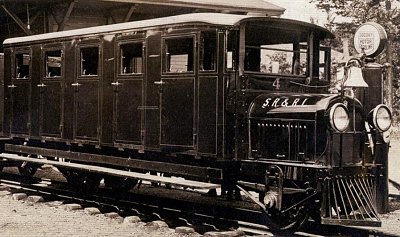 The SR&RL #4 rail car, built to handle the diminishing passenger traffic along Maine's 2-foot line.  unlike the railbus shown above, it was scrapped when the line shut down. Click for bigger photo.
