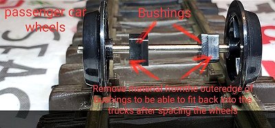 Lionel added these fat bushings to their passenger car trucks to keep you from squeezing the wheels in.  Mike Whitcomb's article explains how and where to file. Click to go to that article.
