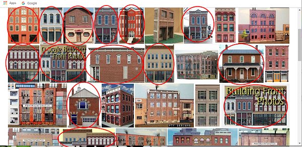 The first page of a Yahoo Image Search for 'O Scale Building Fronts,'s af of October 8, 2019.  Red circles identify the graphics we created that link back to one of our pages or an affiliated page. Click for bigger photo.